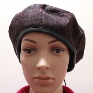 Faux Leather Lined Maroon Plaid Beret